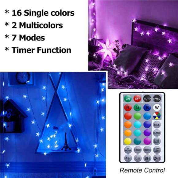 Color Changing Star String Lights 40ft 120 LED Fairy Lights USB Remote Bedroom - Picture 6 of 8